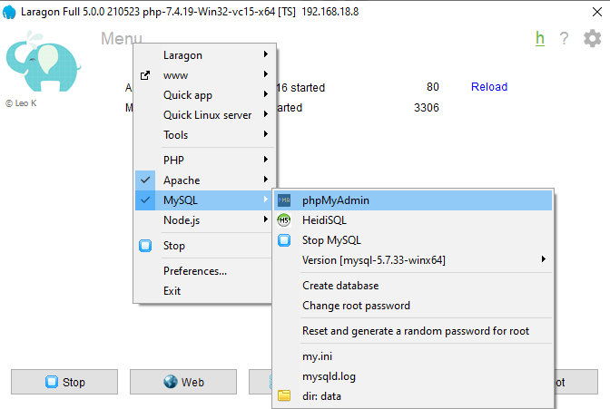 run phpmyadmin laragon